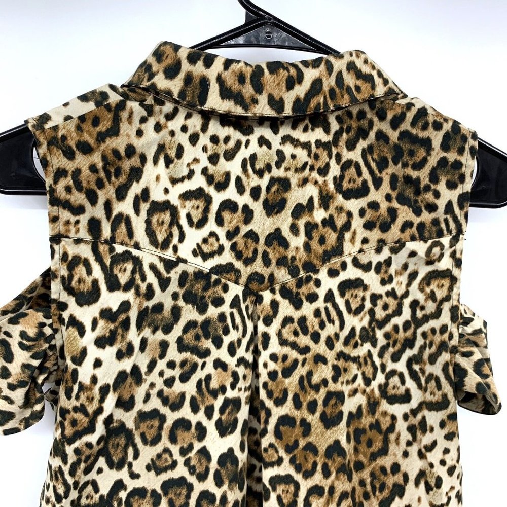 WAYF Top Brown Black Leopard Print Button Blouse Cold Shoulder - Picture 9 of 12